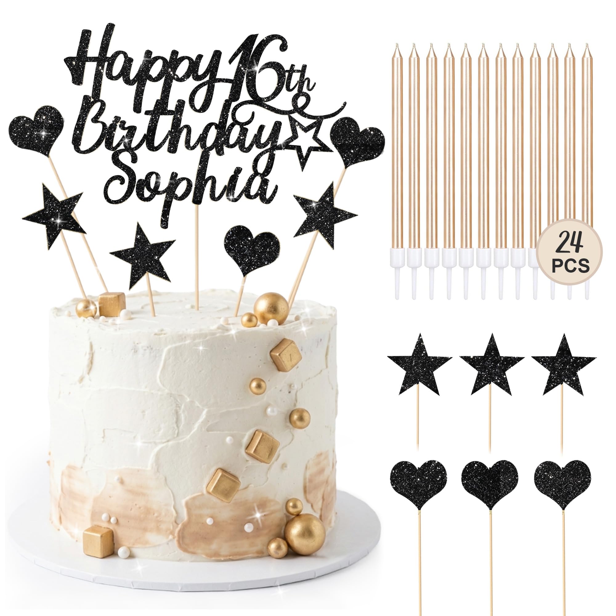 EDSG Personalised Happy Birthday Cake Topper with 24 Candles, Double-Sided Glitter Cake Decorations with Any Age Name, Birthday Party Supplies for Boys Girls Women Man (Black) โ image 1