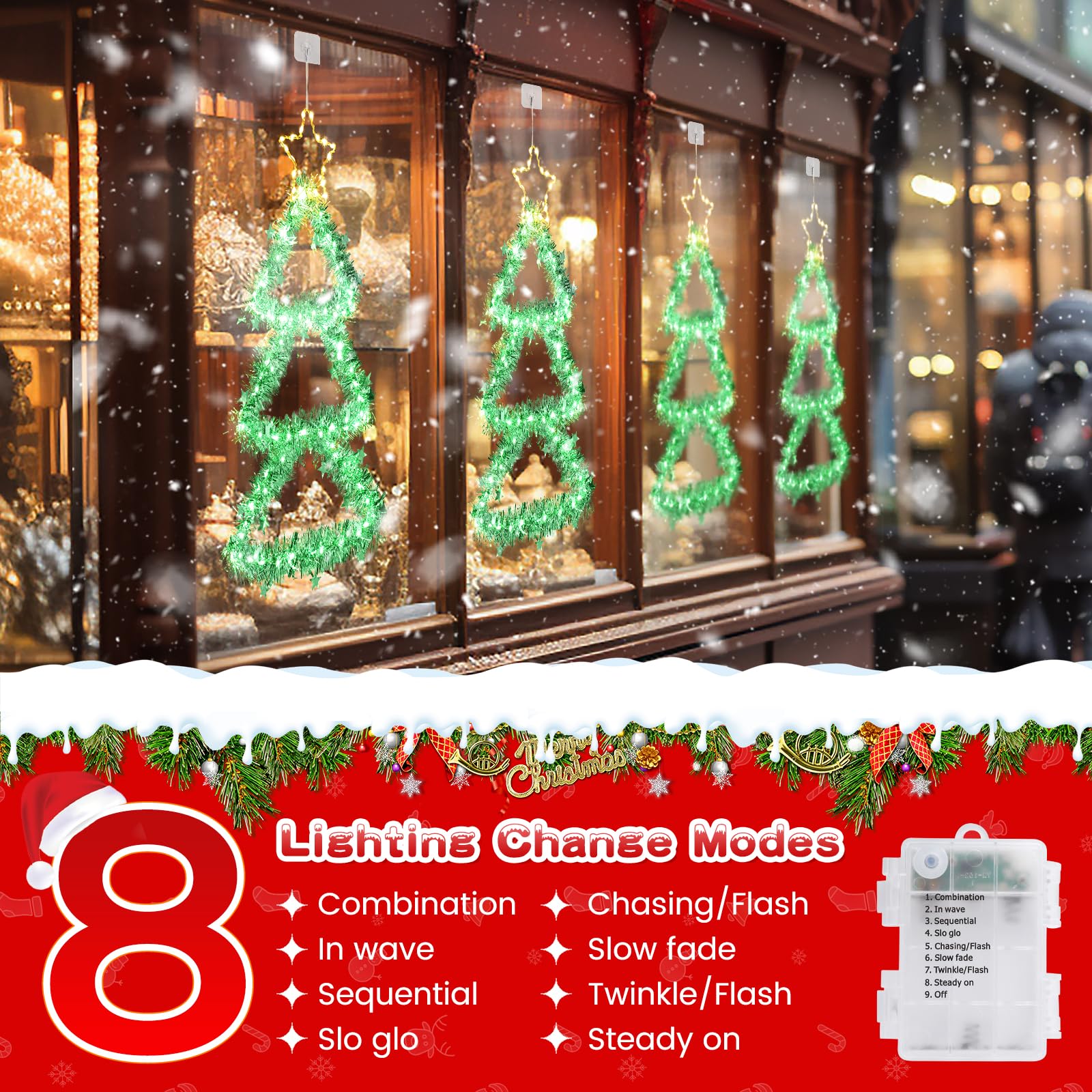 ELKTRY Luci Albero di Natale da Finestra a 110 LED, Luci Natale Batteria con Timer 8 Modalità, IP65 Decorazione Natalizia per Interni Finestre e Muri, Bianco Caldo