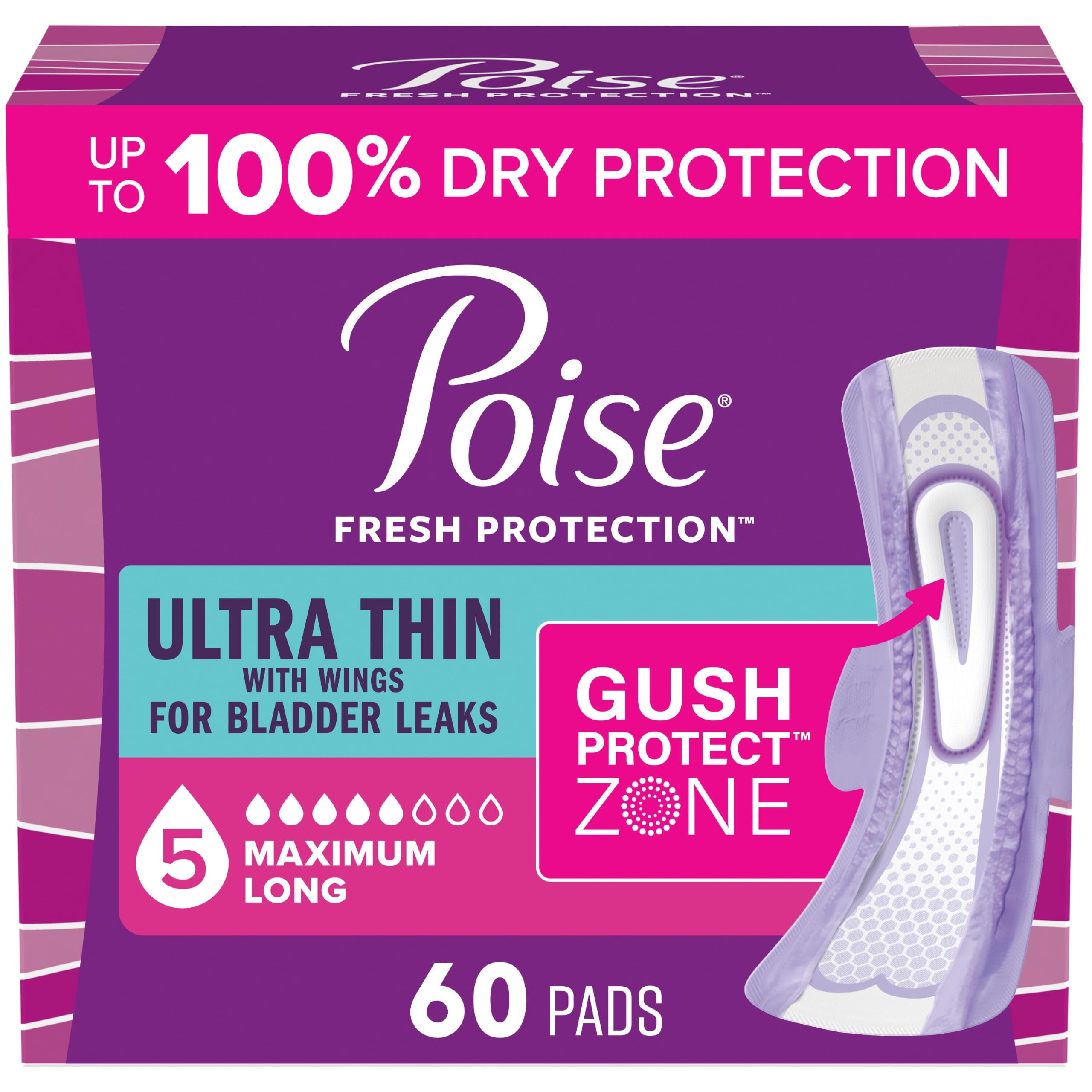 Poise Ultra Thin Incontinence Pads for Women, 5 Drop, Wings, Long, 60 ct