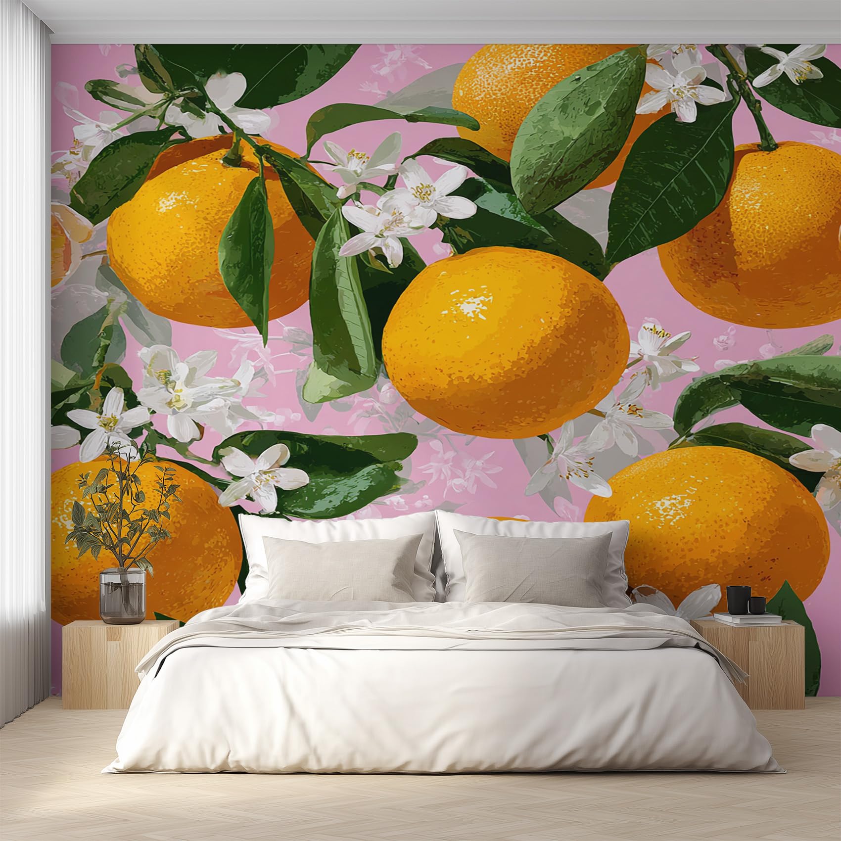 Fresque murale intissé agrumes haut de gamme L300xH210cm avec motif délicat d'orange fleur