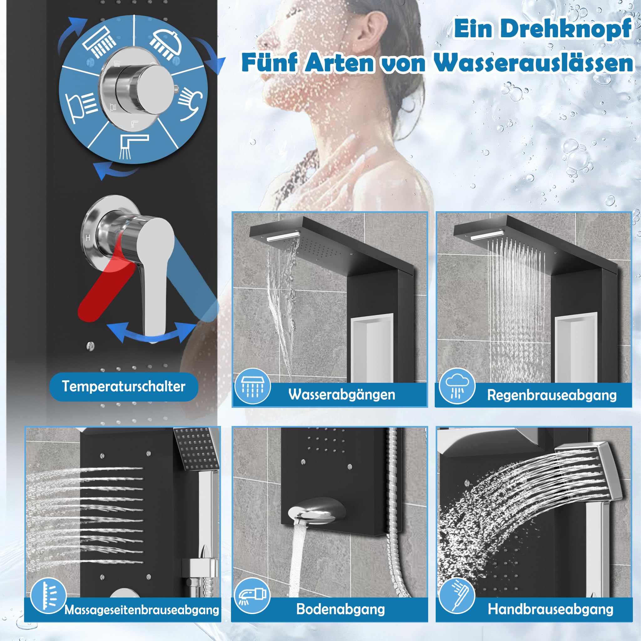 Froadp Panneau de douche en acier inoxydable - Système de douche à effet pluie - 5 fonctions - Montage mural - Avec douchette à main, douche à effet pluie, douche de massage, douche cascade - Kit