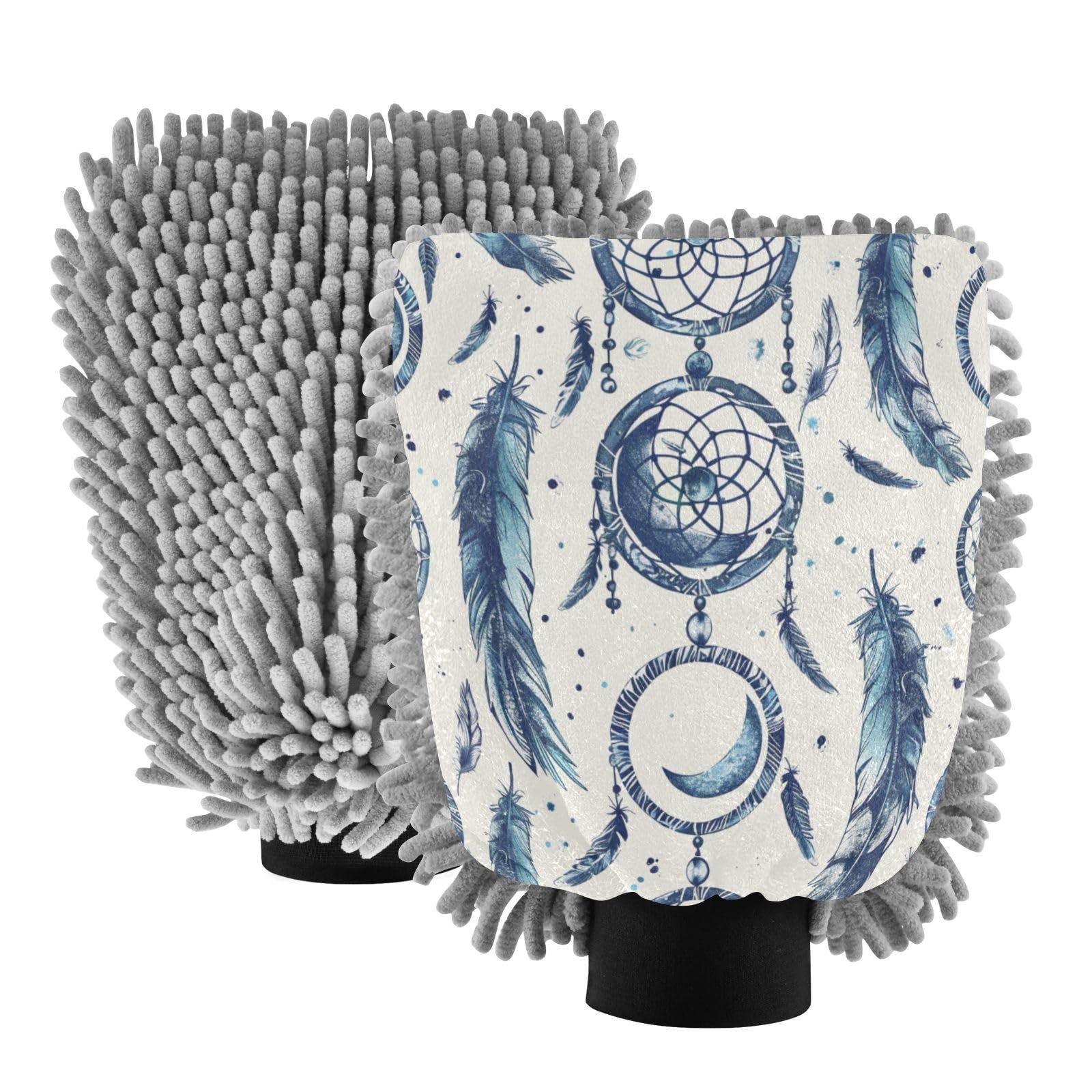 ALAZA Dreamcatcher Moon Boho Car Wash Mitt Scratch Free, 2 Pack Absorbent Microfiber/Chenille Washing & Drying Mitts, L