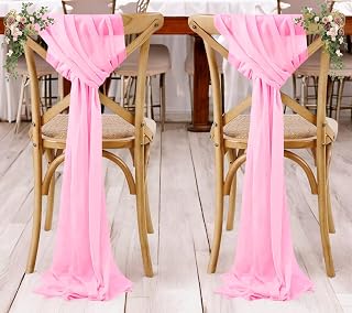MDS 25 Pack Chiffon Chair Sashes Bows Tie-Back Bands for Christmas Party, Holiday Dinner, Wedding, Banquet, Harvest Dinner, Thanksgiving, New Year Decorations, Fits for Any Chair - Bubblegum Pink