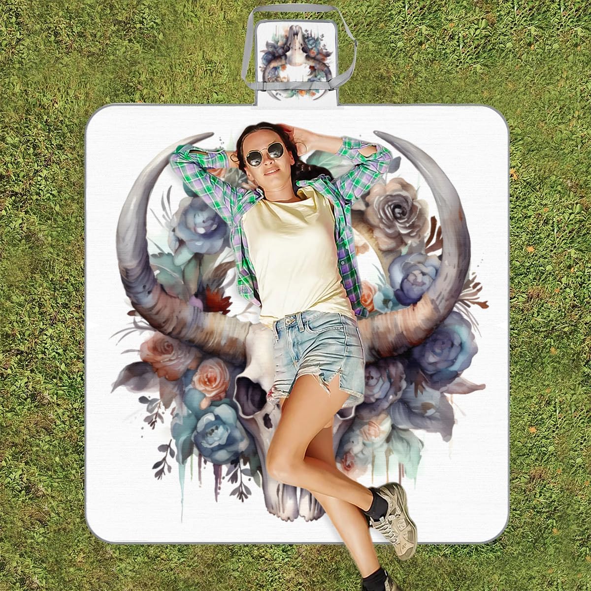 Manta de picnic de 150 x 145 cm, manta de playa plegable con diseño de calavera de vaca y flores en acuarela, para exteriores, impermeable, para playa, camping, senderismo, picnic