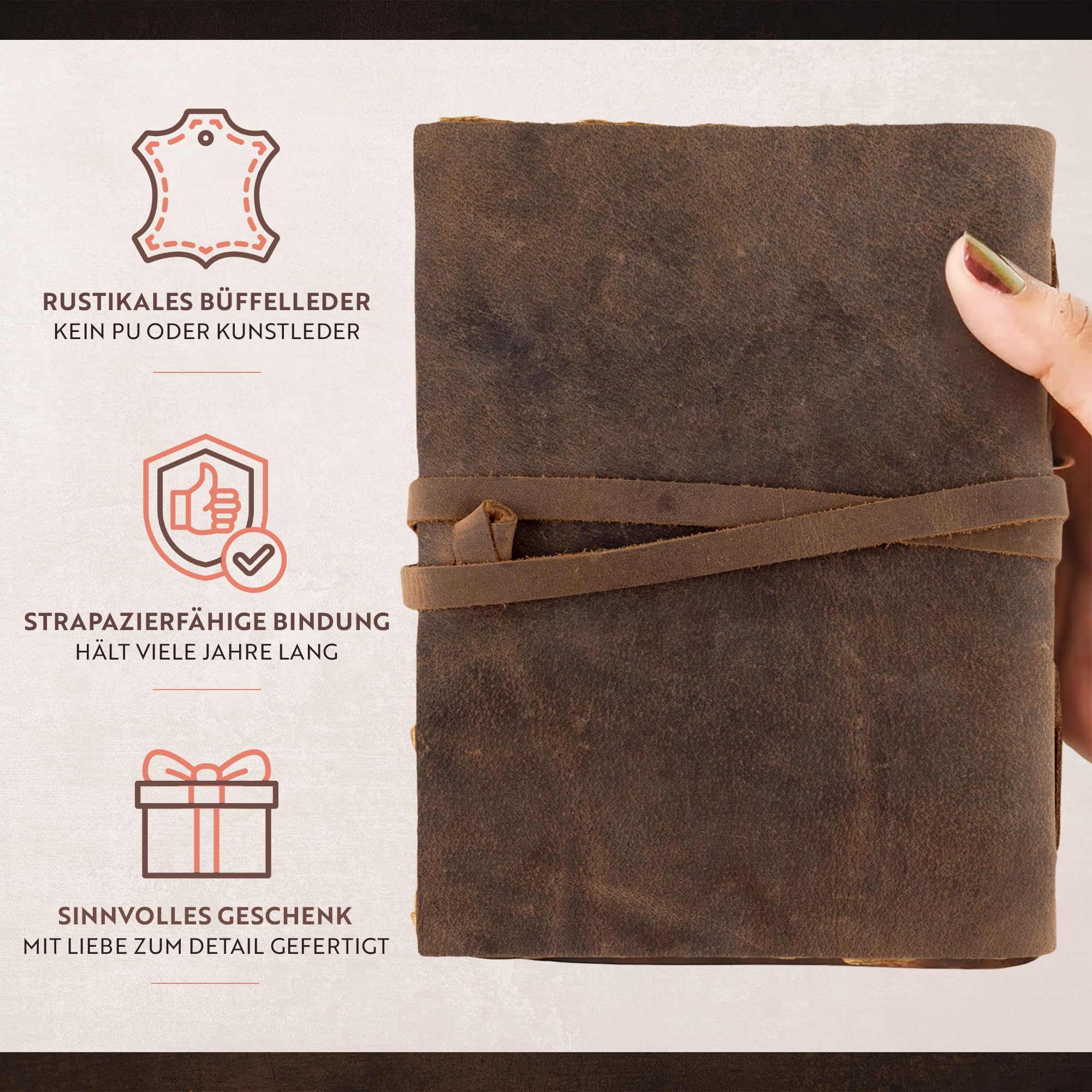 moonster Leder Notizbuch A5 [20x15 cm] aus Büffelleder – Vintage Tagebuch handgemacht mit 240 Seiten, unliniertes 125 g/m² Baumwollpapier, ideal als Skizzenbuch & Reisetagebuch