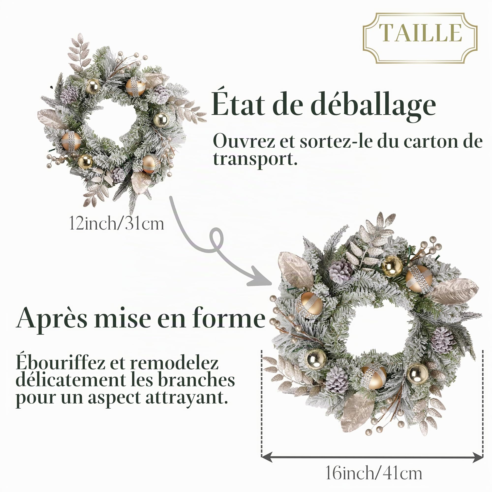 Valery Madelyn Couronne de Noël de 16 pouces/40 cm pour porte, couronne de Noël blanc or, Couronne de l'Avent avec 20 LED, minuterie et pommes de pin, boules de Noël pour décoration de fête de Noël