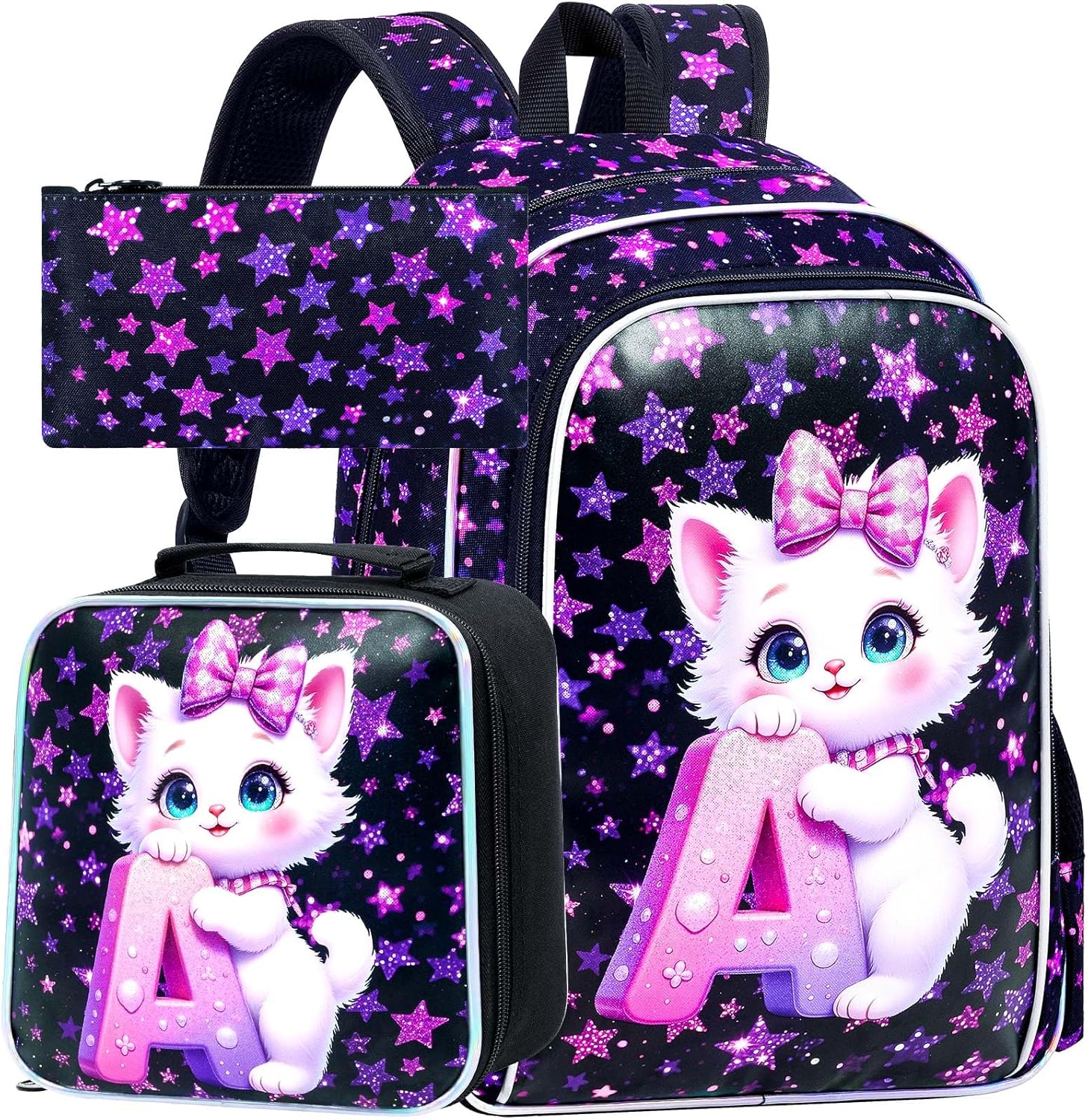 WZLVO 3PCS Girls Cat Backpack Set, 16" Glittery UV Printing Kids Bookbag/School Bag with Lunch Box & Pencil Bag for Preschool to Elementary - Cat Holding Letter A