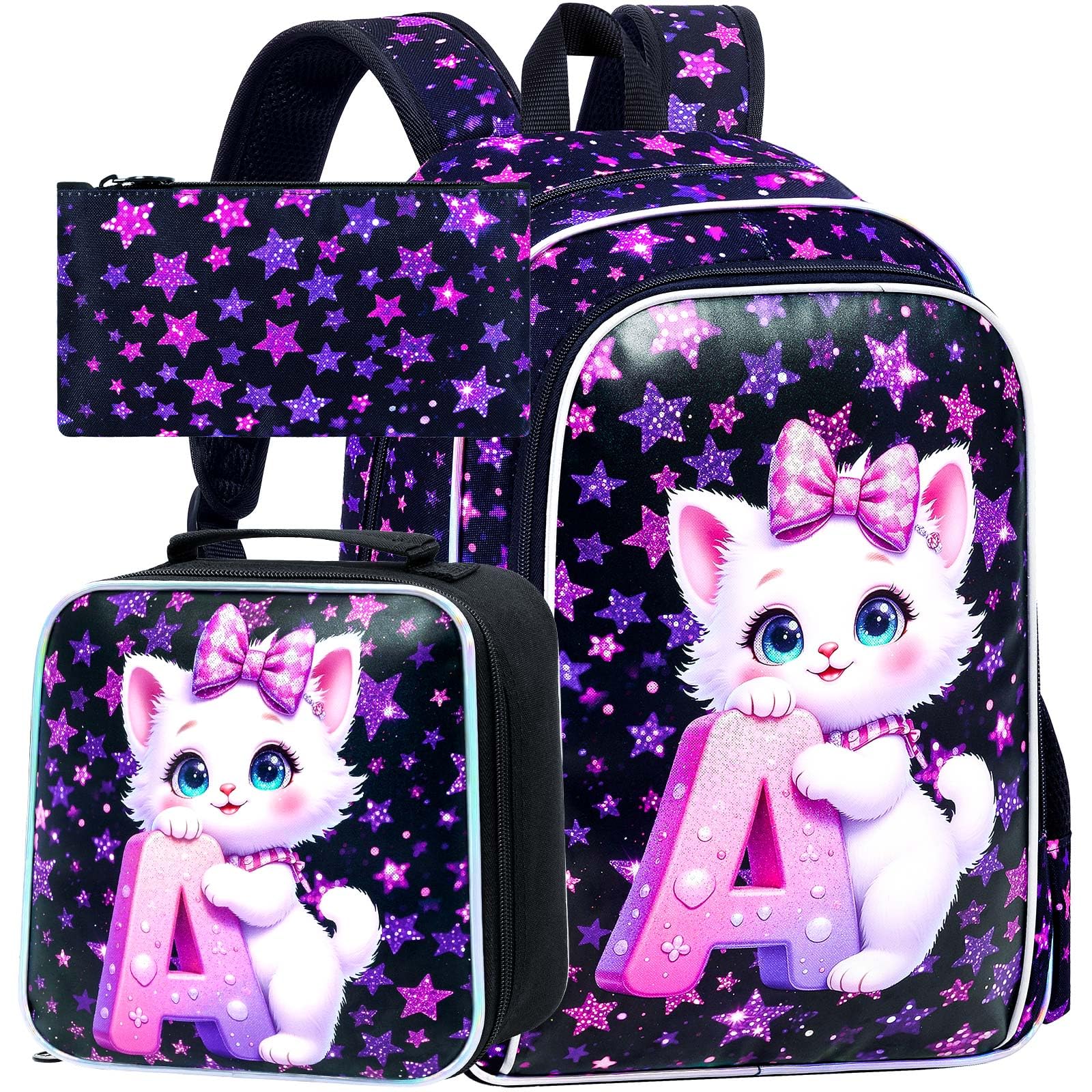 3PCS Girls Cat Backpack Set, 16" Glittery UV Printing Kids Bookbag/School Bag with Lunch Box & Pencil Bag for Preschool to Elementary - Cat Holding Letter A