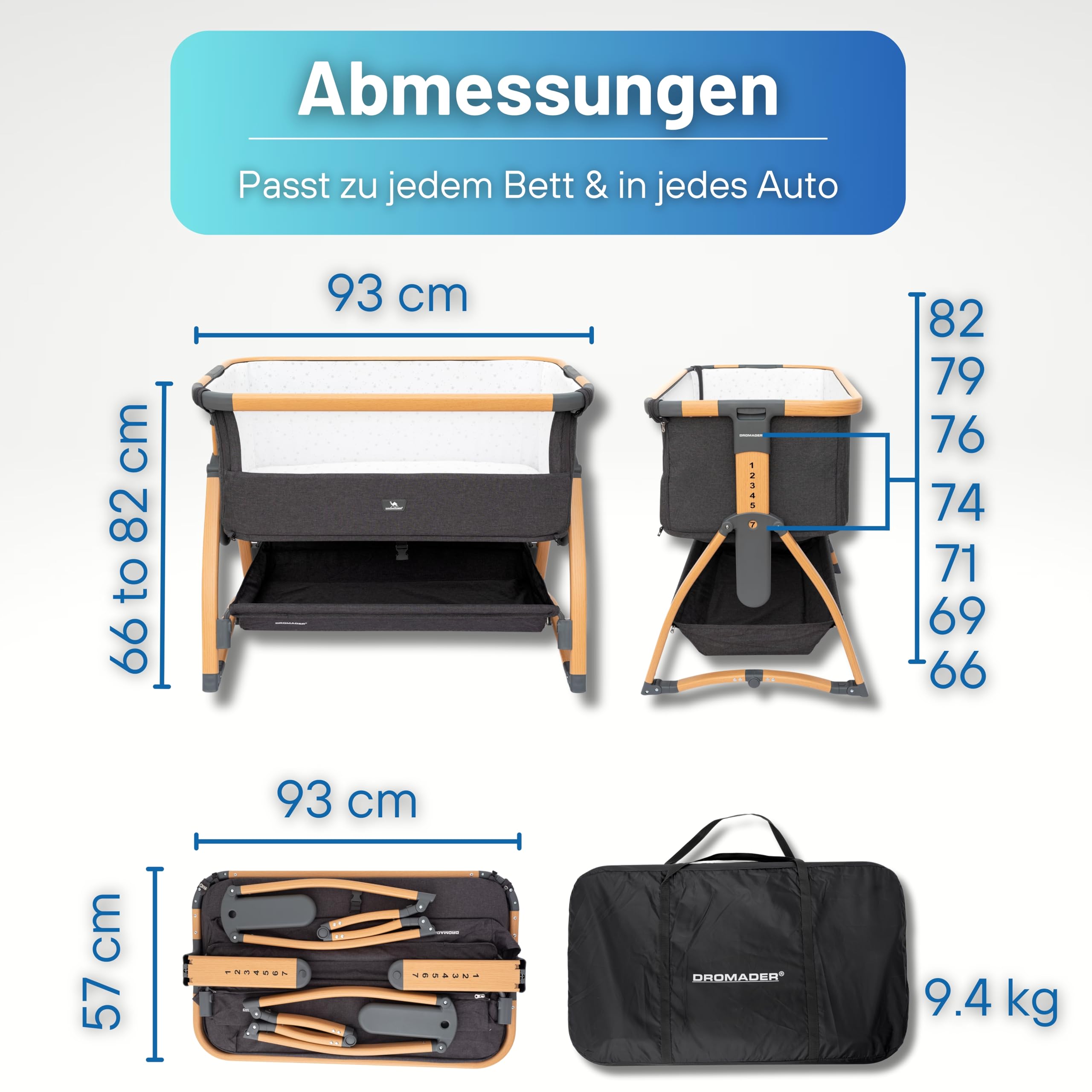 DROMADER Beistellbett Baby 3in1 - Babybett, Babywippe, Reisebett Baby mit Matratze, 0–6 Monate, max 9kg – Stubenwagen mit 7 Höhenverstellungen, Wiegefunktion, Atmungsaktives Netz – Tragetasche