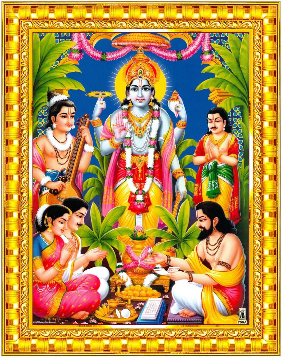 Lord Satyanarayana Swamy Bhagwan Satyanarayan Wall Painting Framed Home Decor (Wood,Acrylic,Gold,Small Size,6x8 Inch) R618S