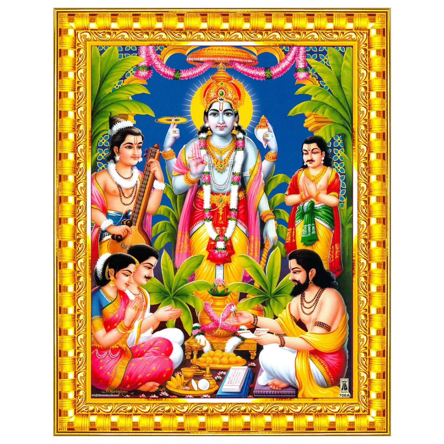 Lord Satyanarayana Swamy Bhagwan Satyanarayan Wall Painting Framed Home Decor (Wood,Glass,Gold,Small Size,6 x 8 Inch) R618S