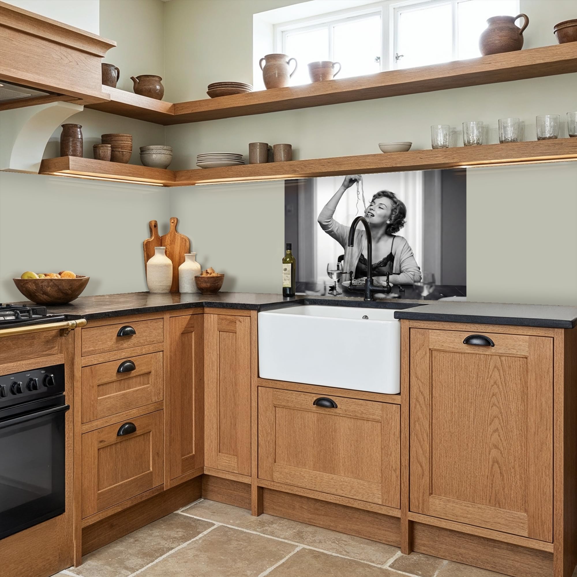 KitchenYeah© Spritzschutz Küchenrückwand 60x80 cm Küche Abwaschbar Selbstklebend Küchenwand Küchenfront Küchen Rückenwand Wandschutz Frau - Spaghetti - Schwarz - Weiß