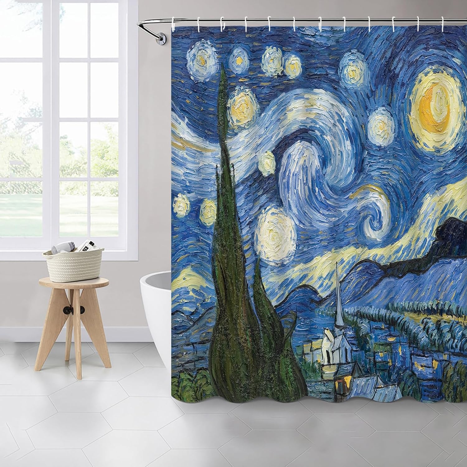 Oil Painting Style Shower Curtains, Starry Sky Moon Abstract Shower Curtain Set, Abstract Art Painting Bathroom Decor Polyester Fabric Curtain 94 x 70 Inch with Hooks