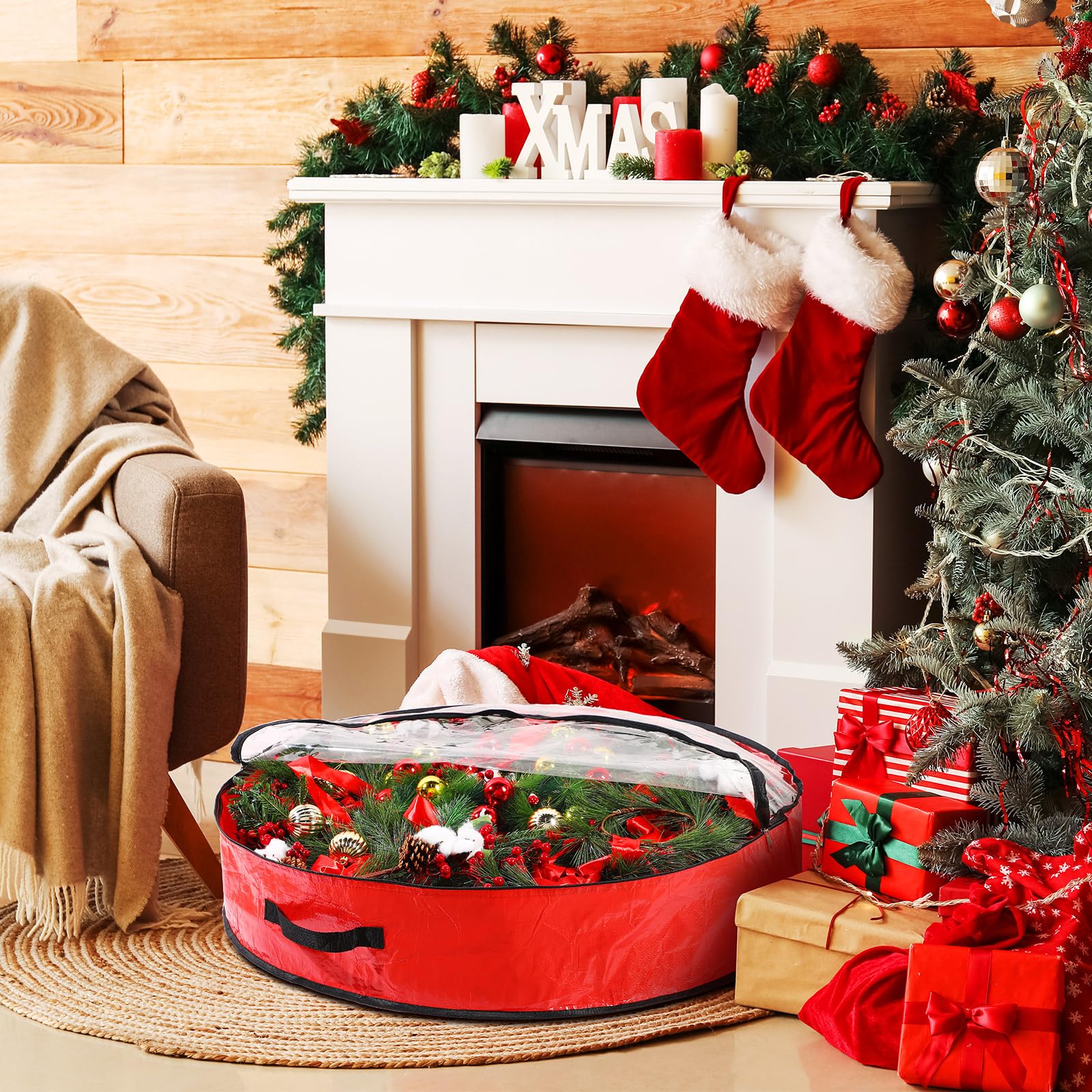 Aliceset 4 Stück Weihnachtskranz-Aufbewahrungstasche mit transparentem Fenster, Weihnachtskranz, Aufbewahrungsbehälter, Kranzboxen für die Aufbewahrung mit Griff, Urlaubskranz-Verpackung (91,4 x 91,4