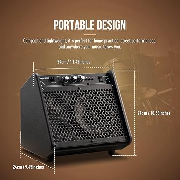 SONICAKE 20W Electric Drum Amp, Portable BT Drum/Keyboard Amplifier Speaker System with Dual Drivers for Home Practice, QDM-20
