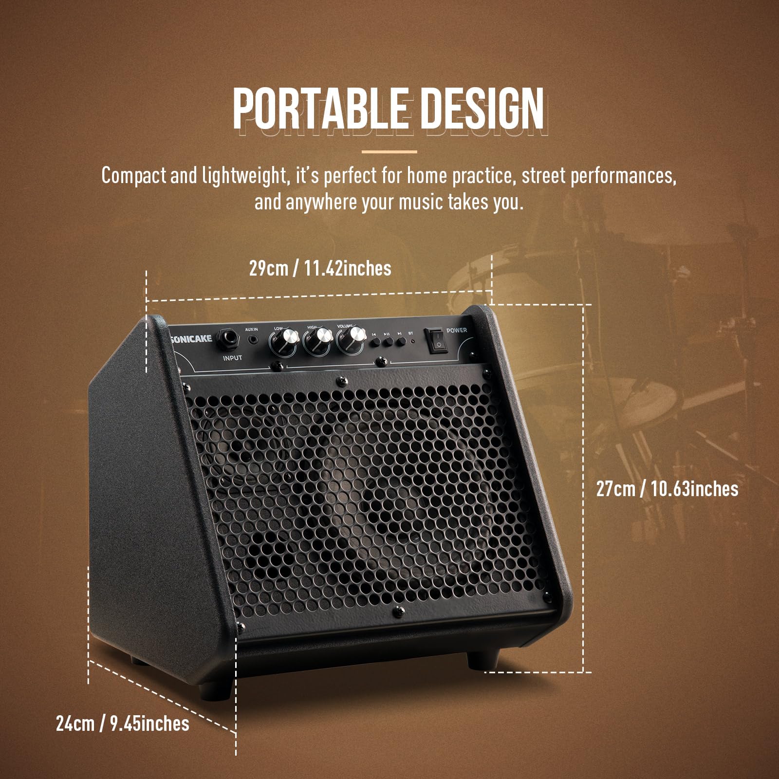 SONICAKE Amplificatore per Batteria Elettronica 20W Casse Bluetooth Portatili con Doppio Driver