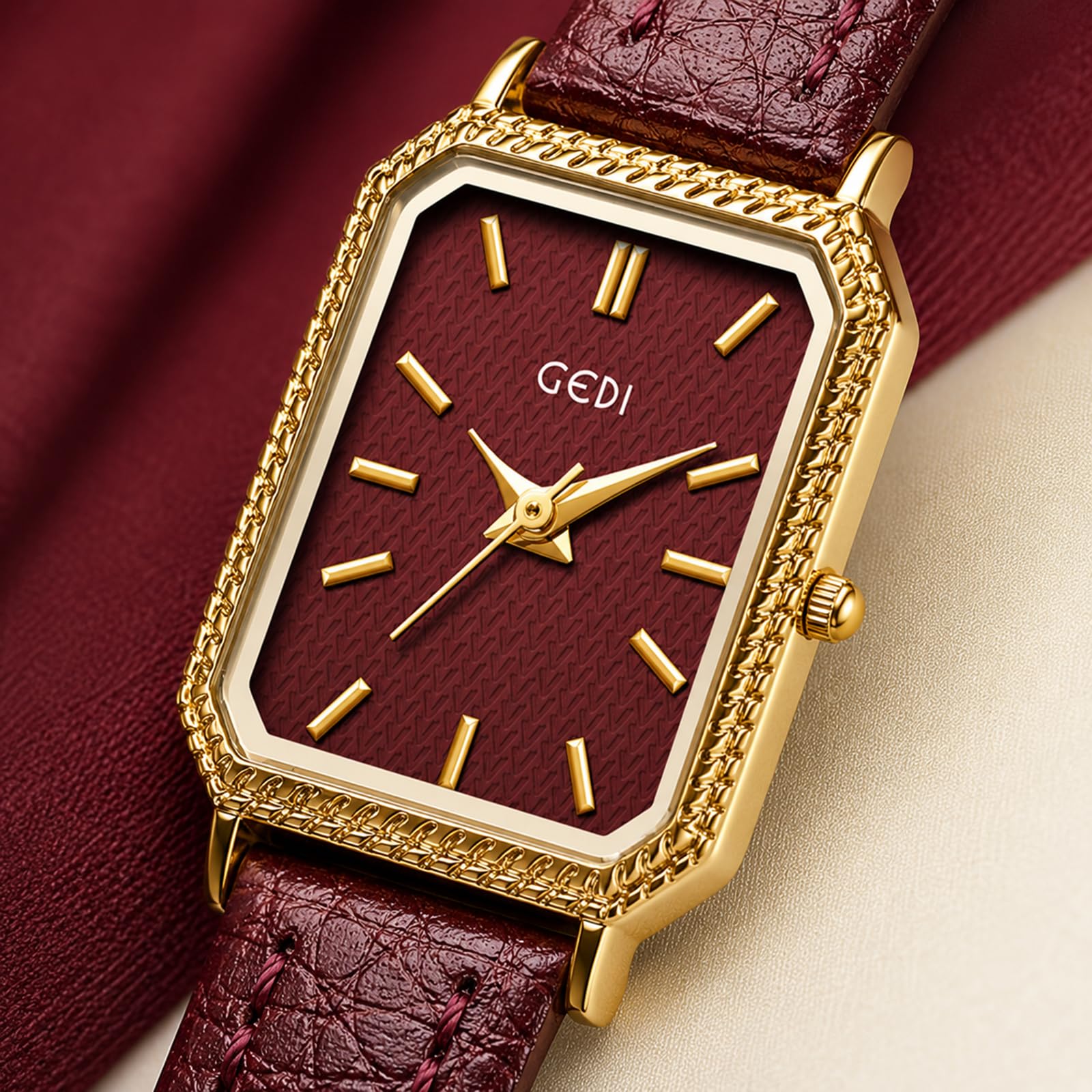Gosasa Orologio da polso da donna, vintage, rettangolare, piccolo, al quarzo, analogico, con cinturino in pelle testurizzata, resistente all'acqua fino a 30 m