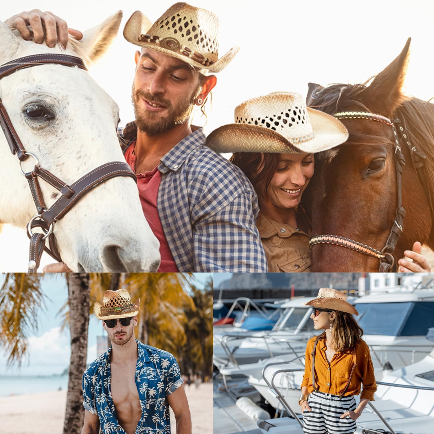 Straw Cowboy Hat for Women & Men Western Cowgirl Hat Woven Sun Hat Adjustable Decorative Cowboy Hats with 5 Detachable Decorative Bands for Party Beach Travel & Outdoor Brown - Image 6