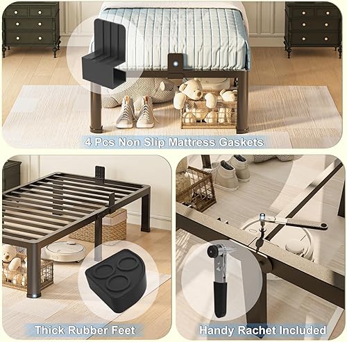 Miniatura 5 de Base de cama individual XL de 14 pulgadas con patas de esquina redondas, tapón deslizante de colchón, plataforma de metal resistente de 3500 libras,