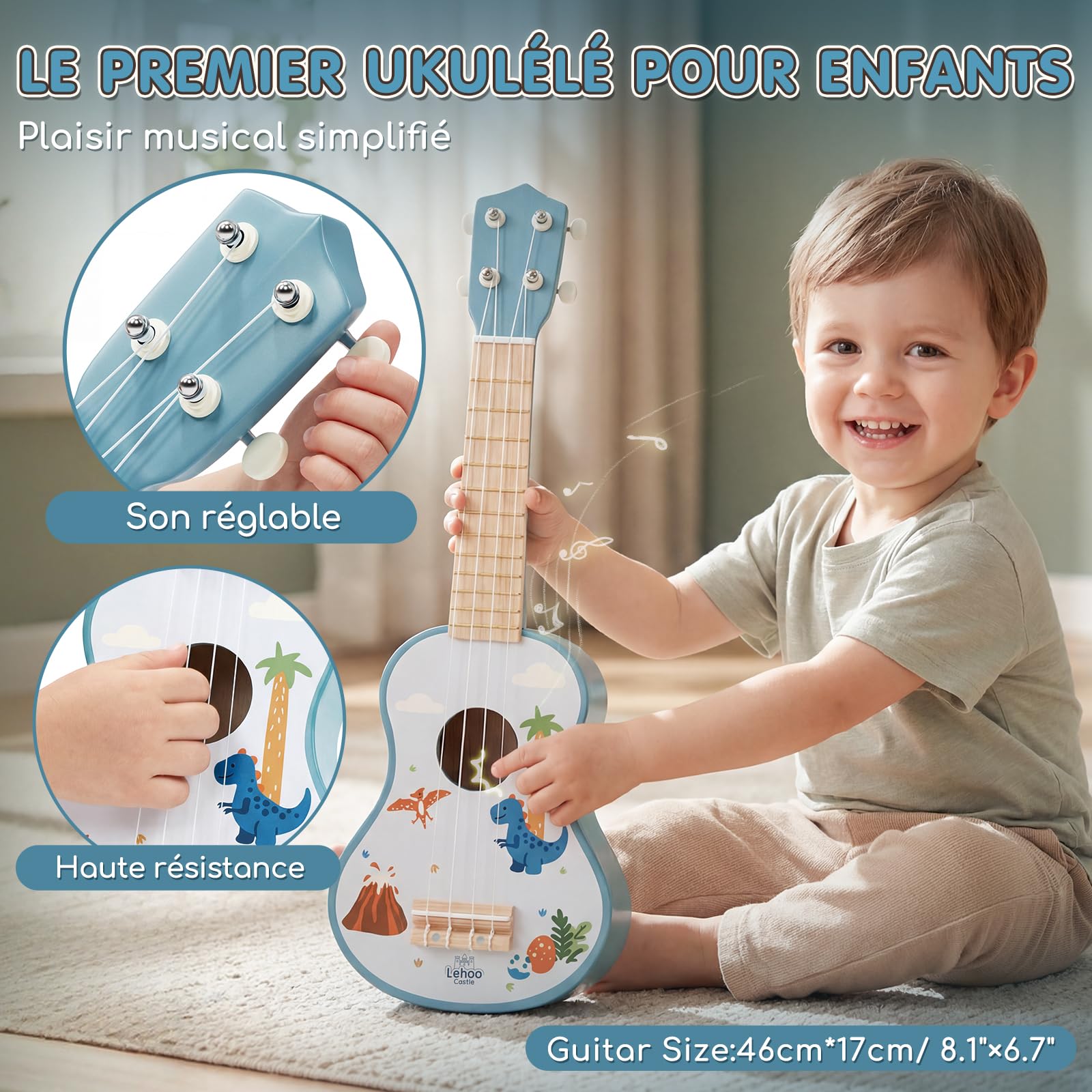 Lehoo Castle Guitare Enfant 1 2 3 Ans avec Bois Instruments de Musique Bebe | Jeu cadeau enfant 2 ans, Ukulélé en Bois avec Tambourin, Flûte, Maracas et Hochet, Montessori Jouet Musical Educatif
