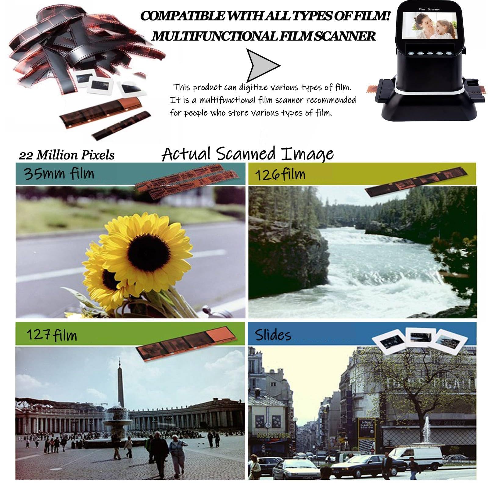Scanner per Diapositive E Negativi,Scanner Film Ad Alta Risoluzione 120,22 Megapixel LCD 4,3",Converte 35mm 135 126 127 in JPEG,Elevata Nitidezza Dell'immagine