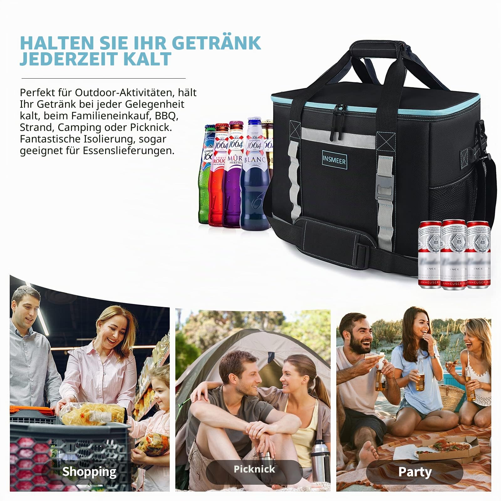 INSMEER 48L Kühltasche Gross Faltbare, 65 Can Kühltasche Thermotasche Isoliertasche für Getränke, XXL Wasserdicht Hitzebeständig Einkaufstasche für Ausflug, Picknic, Camping, Wandern, Strand
