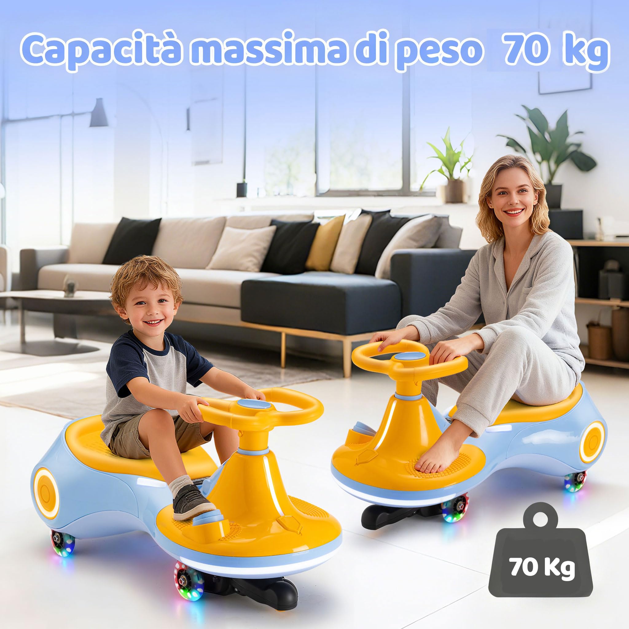 Auto a dondolo elettrica per bambini 12V, giocattolo 3-in-1 con pedale, batteria ricaricabile, 3 modalità, anti-ribaltamento, ruote luminose, musica, età 3-8 anni, 30-70kg, giallo blu