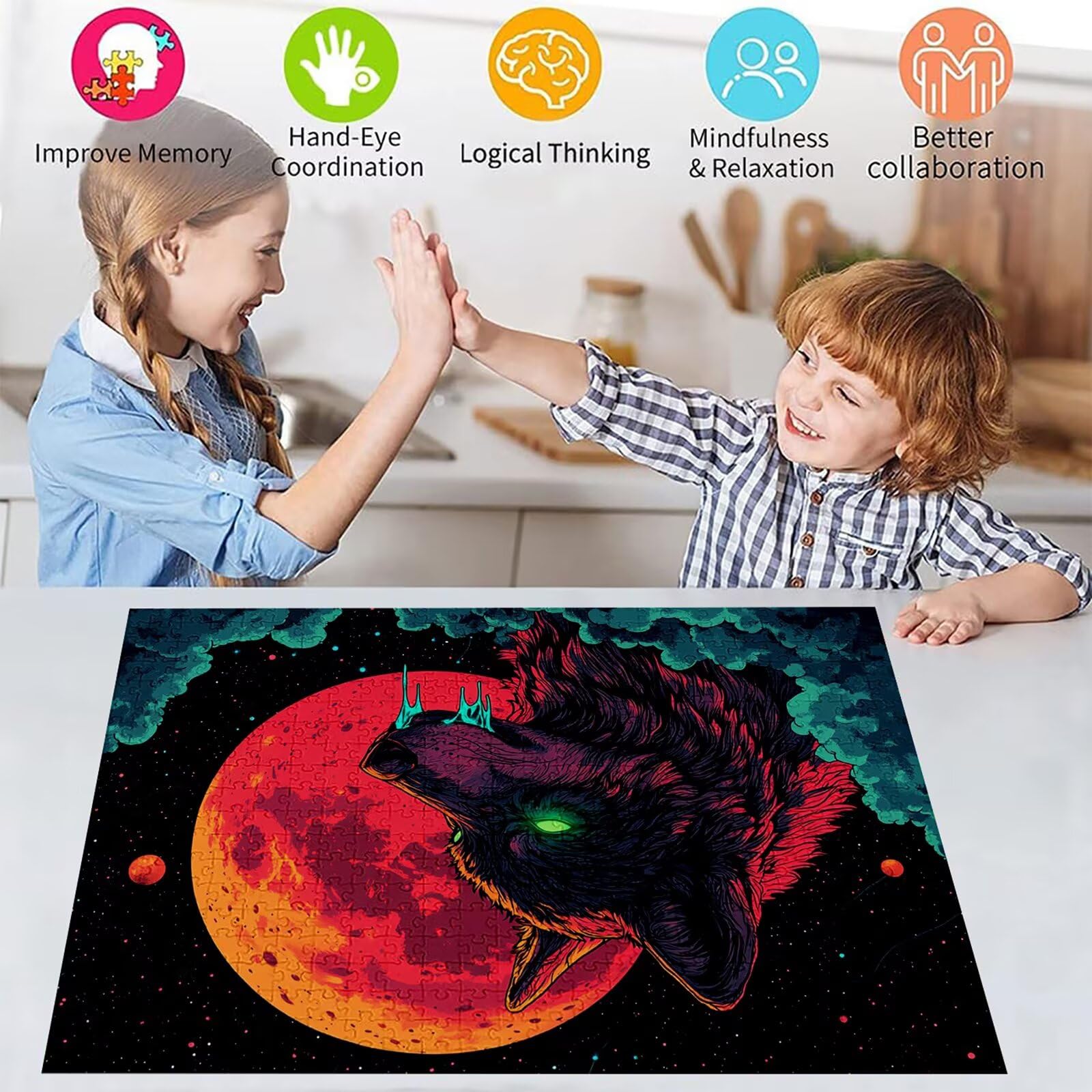 Puzzle 2000 elementów wilk puzzle dla dorosłych księżyc 100 x 70 cm unikalne rzemiosło klasyczne 3D drewniana układanka do rodzinnych gier aktywnych, układanka do samodzielnego wykonania nawet do