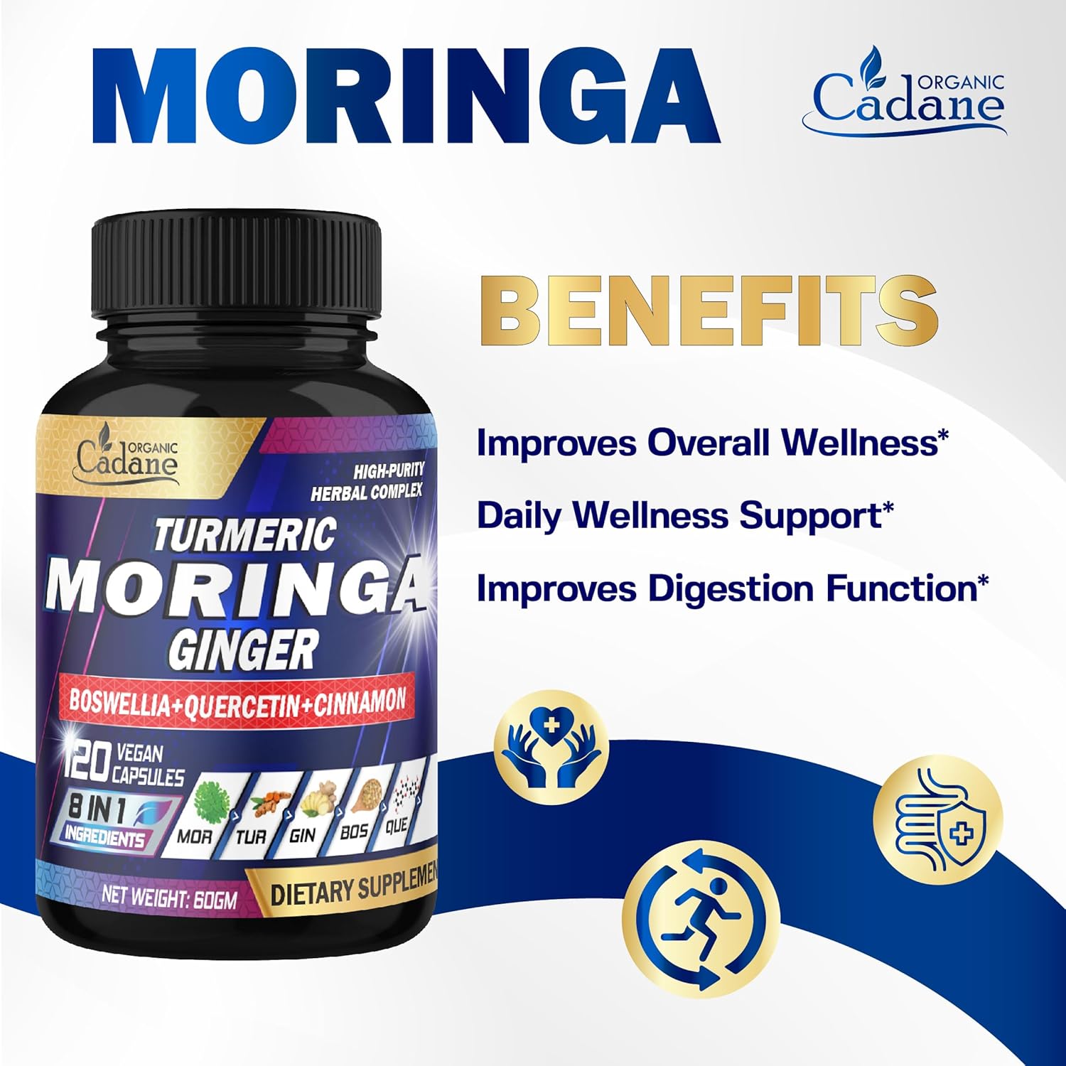 Organic Cadane Moringa Leaf, Turmeric, Ginger Supplement - 2-Month Supply - 120 Vegan Capsules - Image 3