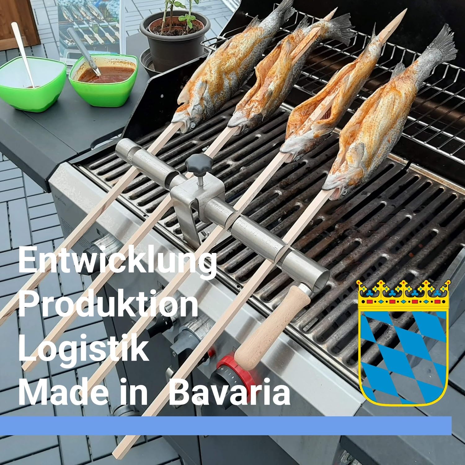 Steckerlfisch Halter 4 Buchenholzspieße für Gas- & Kohlegrill