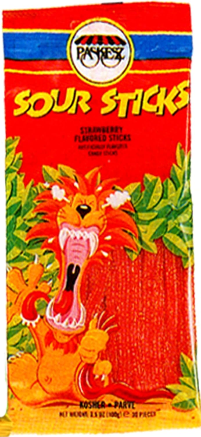 Paskesz Candy, Sour Sticks Strawberry, 3.5-Ounce Bags (Pack of 24)