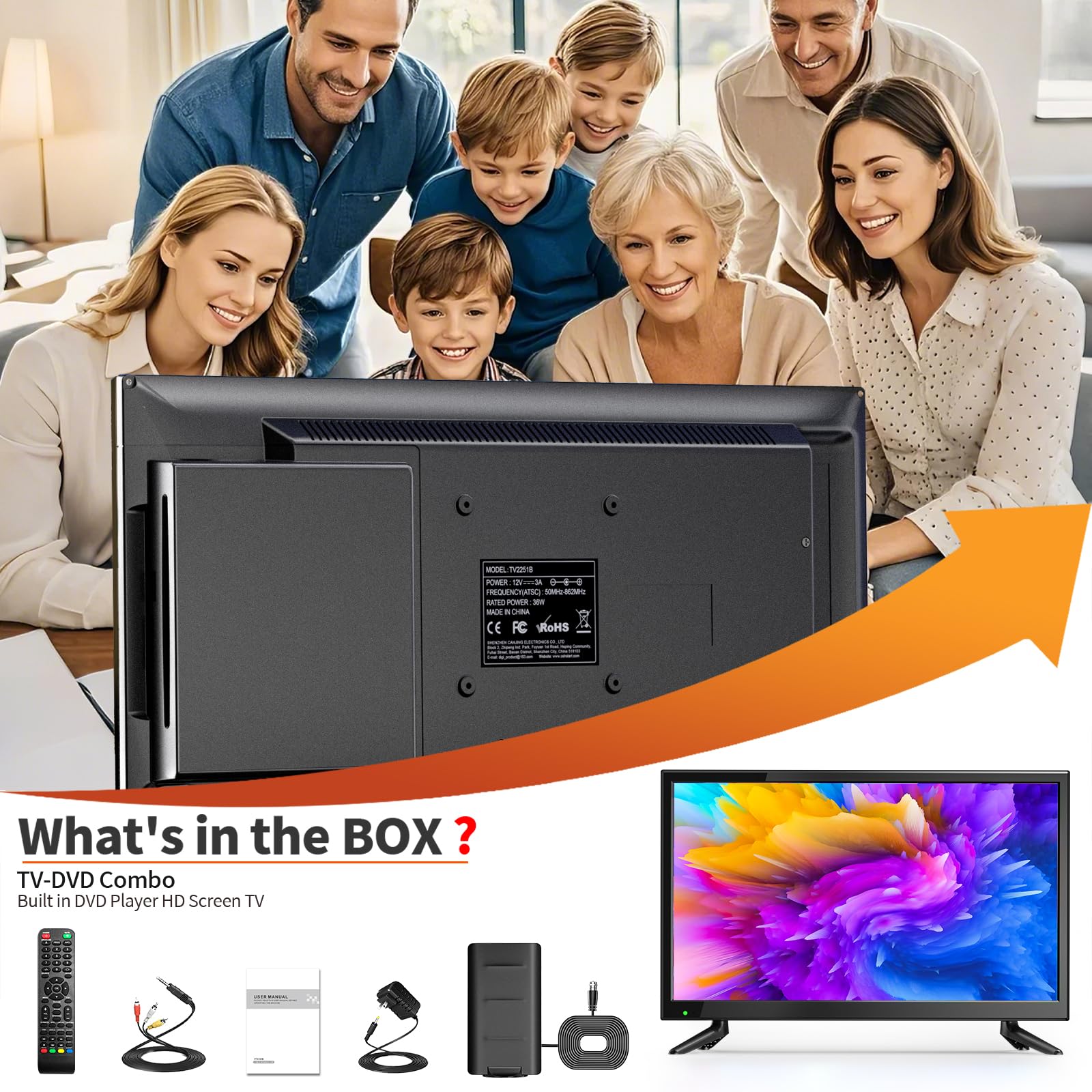 Desobry Mini TV 22 Pulgadas con Reproductor de DVD Integrado | Sintonizador DVB-T2 y antena, HDMI/USB/AV, Combo TV-DVD 12V, Para caravanas, cocinas y espacios reducidos