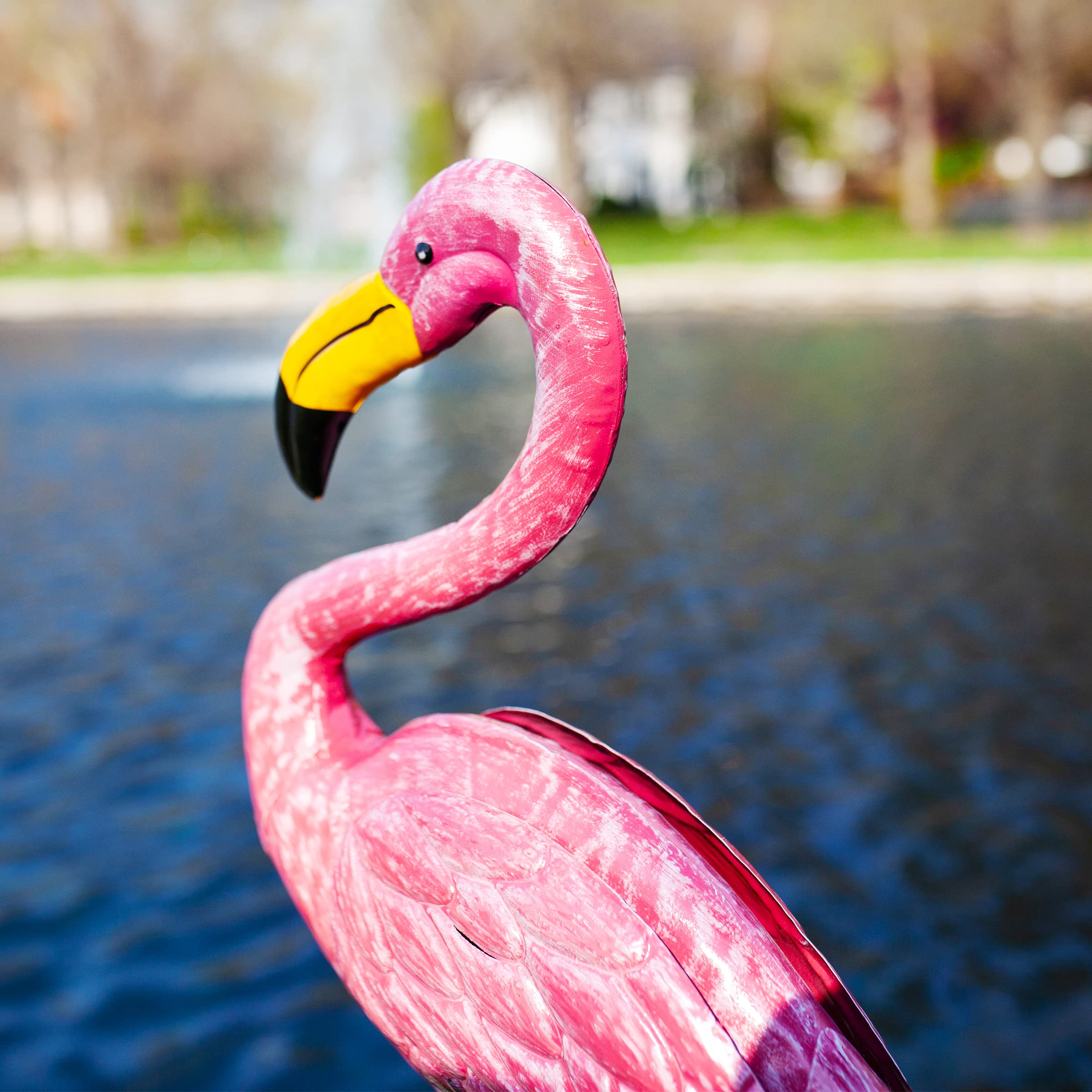 Exhart Garden Sculpture, Pink Metal Flamingo Garden Statue, Hand Painted Outdoor Lawn and Yard Art Decoration, 13 x 6.5 x 29.5 Inch