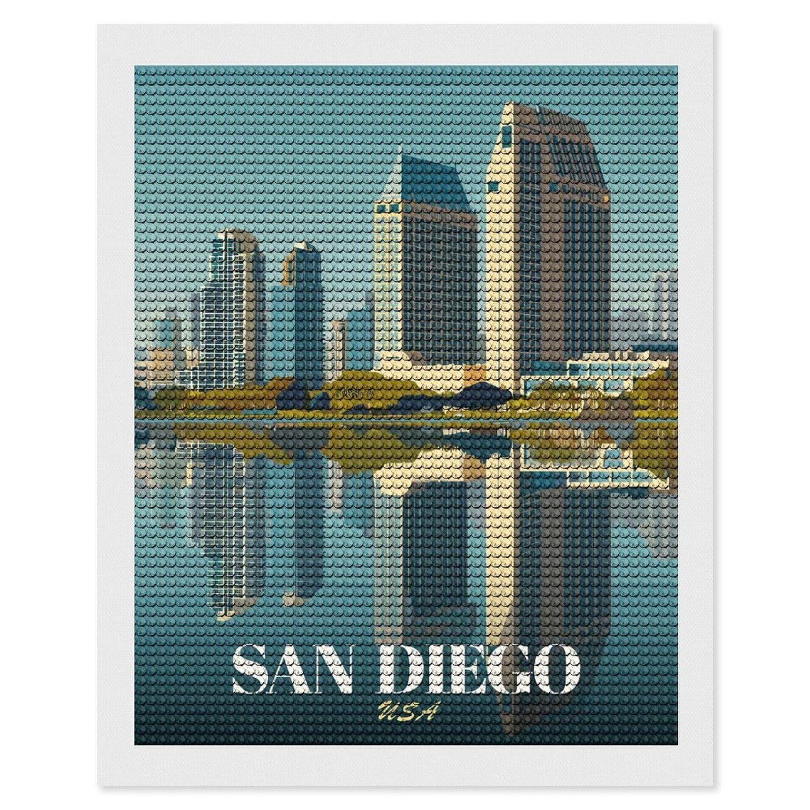 Junmoney San Diego Skyline Reflection Diamond Painting Canvas Set 16"x20", Boho Decor, for Craft Lovers, Easy Handmade Project, Holiday Gift Idea