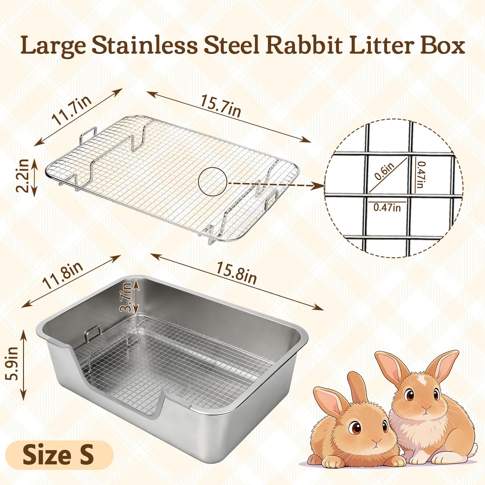 Rypet Large Rabbit Litter Box, Bunny Litter Box High Side with 304 Stainless Steel Sifting Tray, Metal Small Animal Litter Pan with Pet Food Bowl and Water Bottle, Non-Slip Easy to Clean Odor Control - image 2