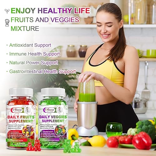 Miniatura 9 de Gomitas de frutas y verduras sin azúcar y gomitas de glicinato de magnesio 500 mg, multivitaminas y minerales en gomitas, suplemento de gomitas