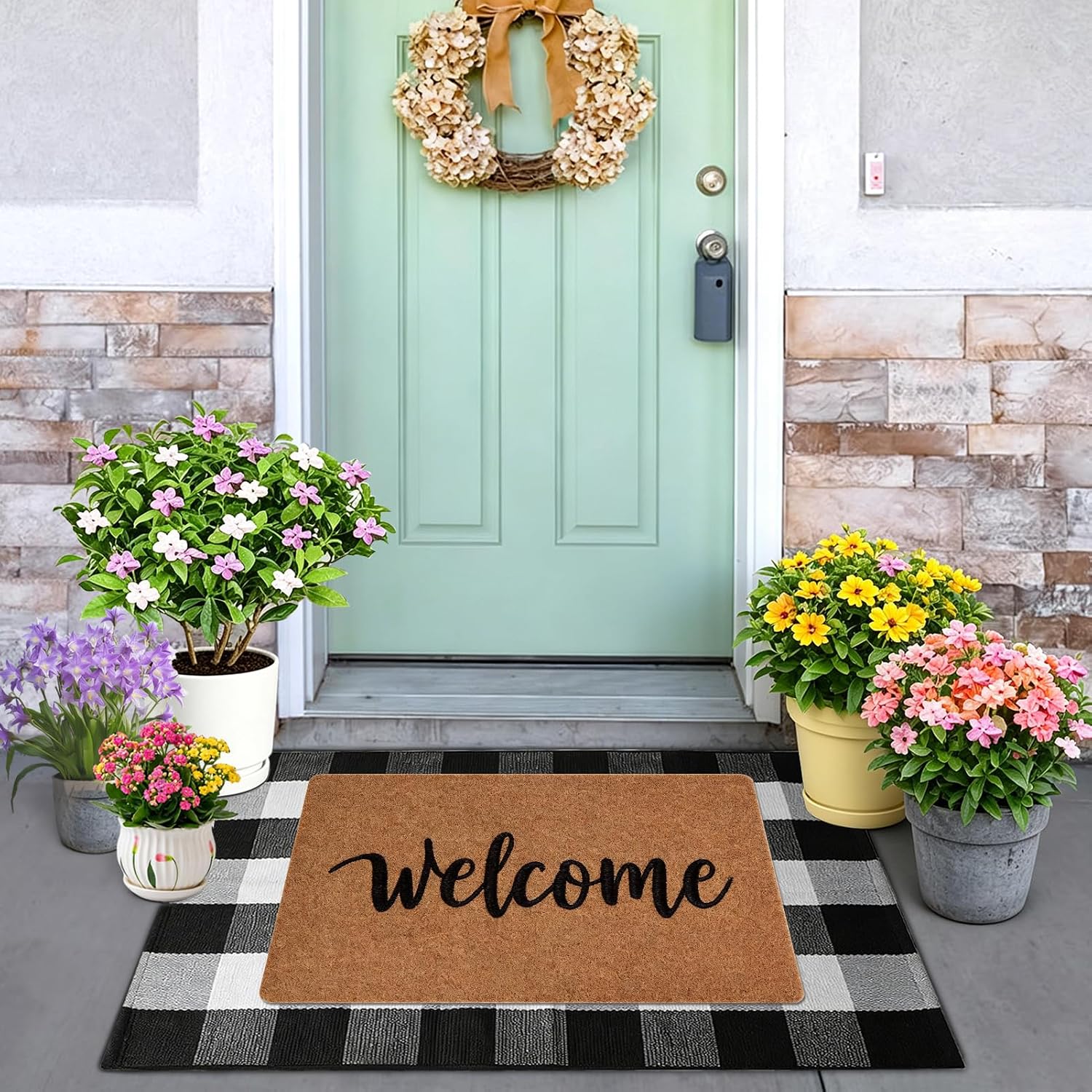 2-Piece Front Door Mat Set, Coir Welcome Mat & Black White Plaid Mat