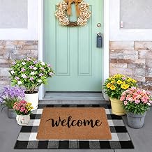 2-Piece Front Door Mat Set, Coir Welcome Mat & Black White Plaid Mat