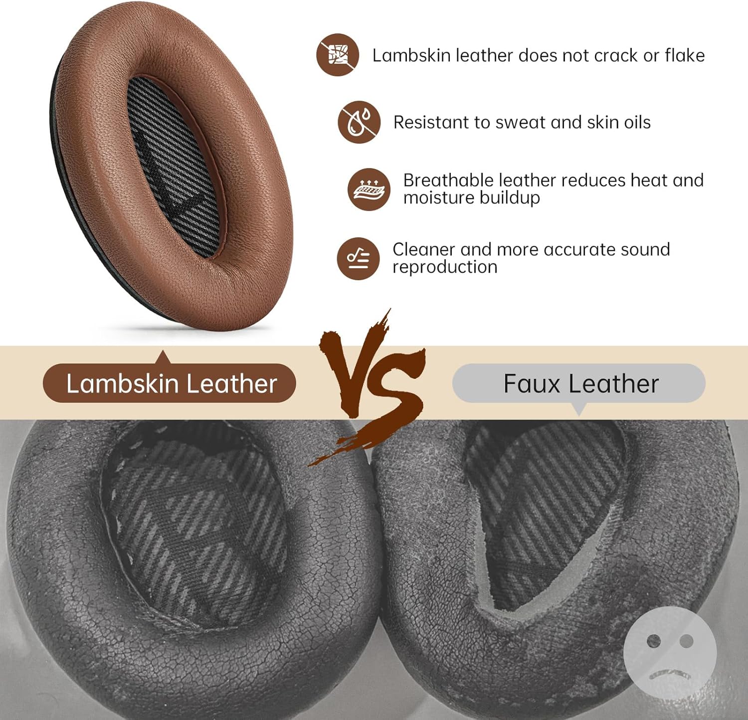 Aurivor Leather Ear-Pads Cushions for Bose QuietComfort QC-35 QC-35-ii QC-25 QC-15 QC-2 Headphones, Lambskin Replacement Ear Covers for Ae2/Ae2i/Ae2W SoundLink SoundTrue Around-Ear Headsets(Brown)