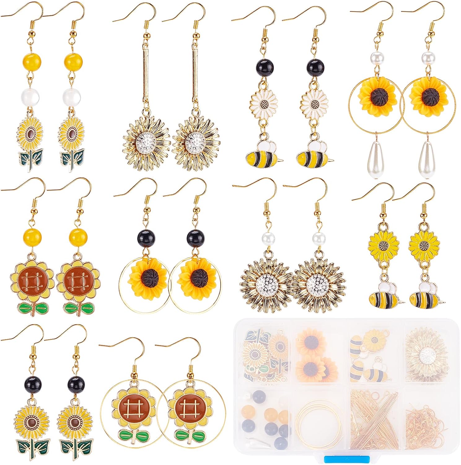 SUNNYCLUE 1 Box 10 Pairs DIY Sunflower Charms Bee Charm Flower Earring Making Kit Daisy Flower Charms Glass Beads Findings for Jewelry Making Starter Kit Women Beginners Earrings Supplies Craft