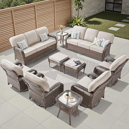 10 Pieces Patio Furniture Set Outdoor Sectional Sofa Couch with Rocking Swivel Chairs 5" Deep Seat Chairs, Modern Wicker Rattan Conversation Set, Beige/Brown Wicker