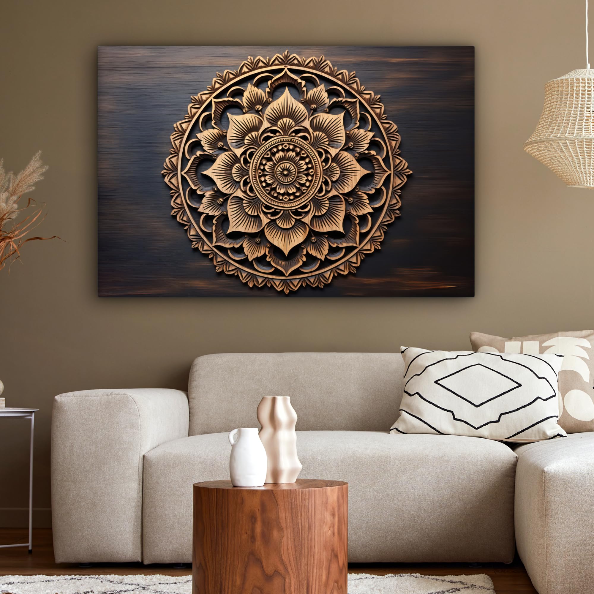MuchoWow© Quadri Astratti su Tela Foto Quadro Moderno Soggiorno Canvas | 120x80 cm - Decorazioni Camera da Letto Mandala - Legno - Fiori - Marrone