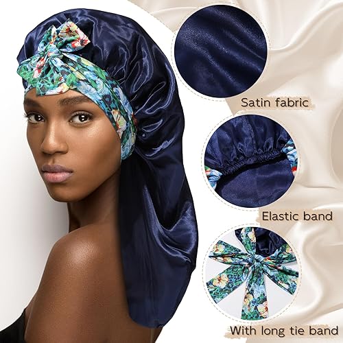 Miniatura 3 de MBJERRY Gorro largo de satén para trenzas, capó de seda para dormir, banda elástica para mujeres negras, cabello rizado