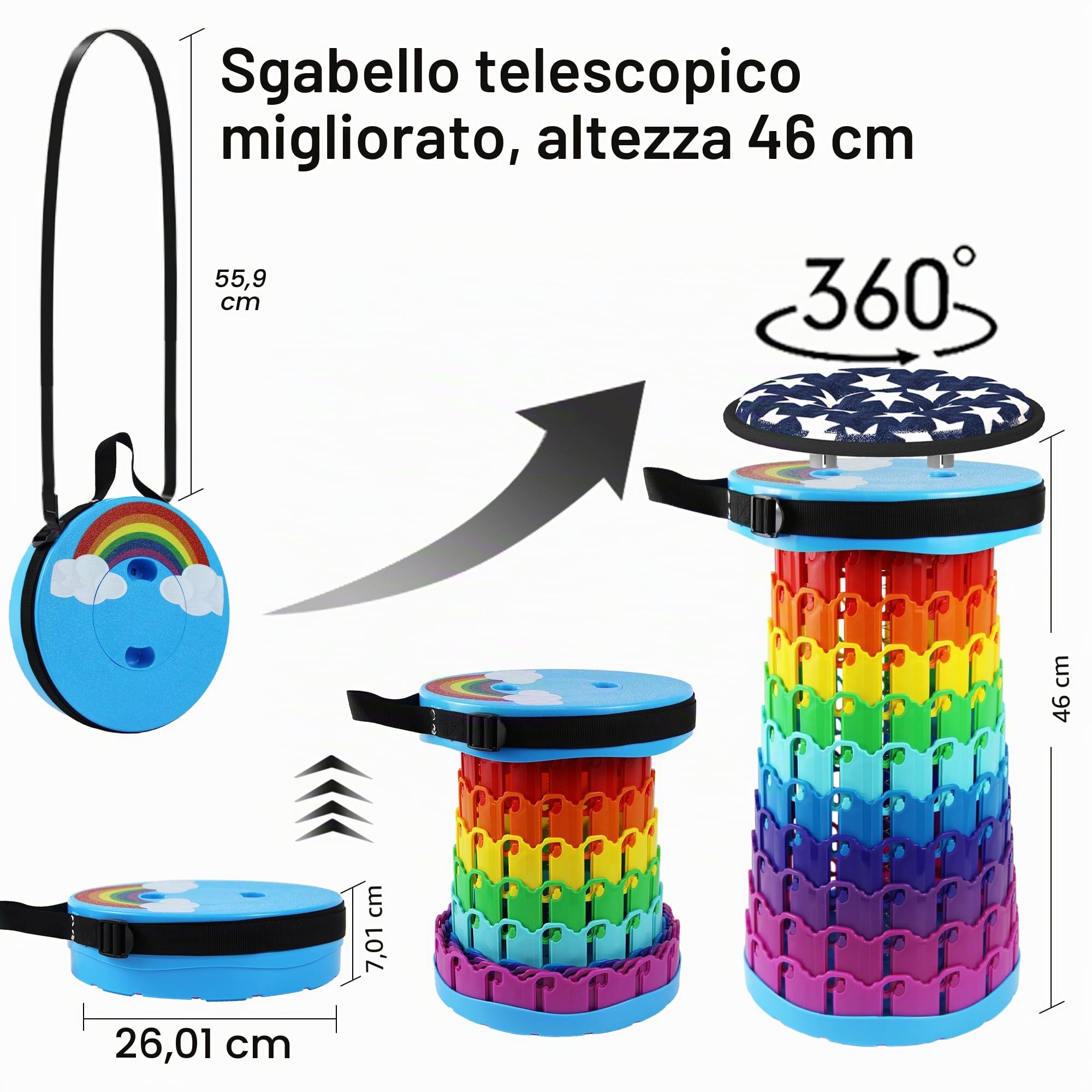 ALEVMOOM Sgabello Pieghevole Portatile con Cuscino,Sgabello da Campeggio per Adulti,Sgabello da Campeggio Telescopico Sgabello Pieghevole per Pesca BBQ Interni Attività (Le Nuvole Arcobaleno)