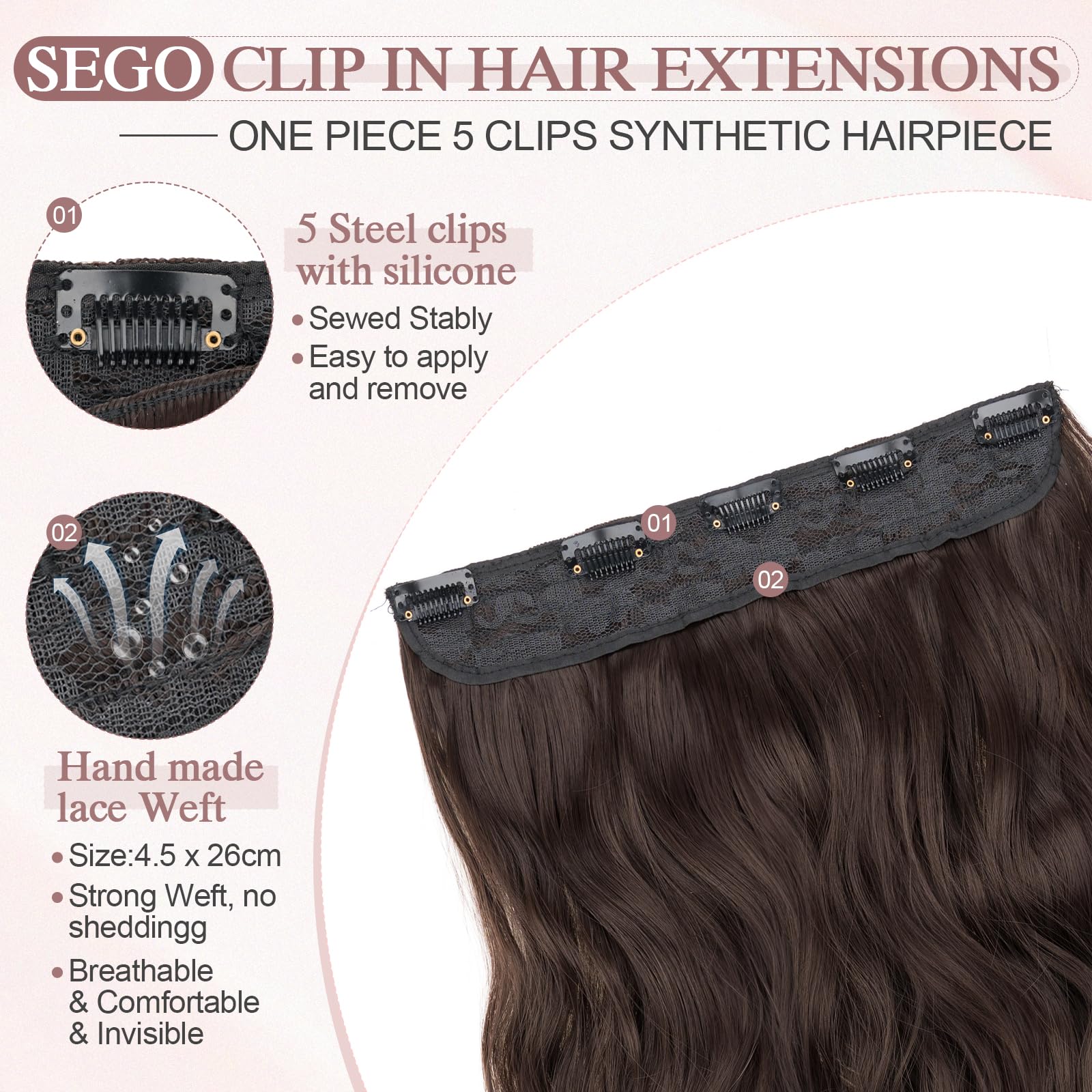 SEGO 3/4 Full Head Clip in Hair Extensions Long Wavy Synthetic Hairpiece 20 Inch One Piece Clip In Hairpiece With 5 Secure Clips - Image 2