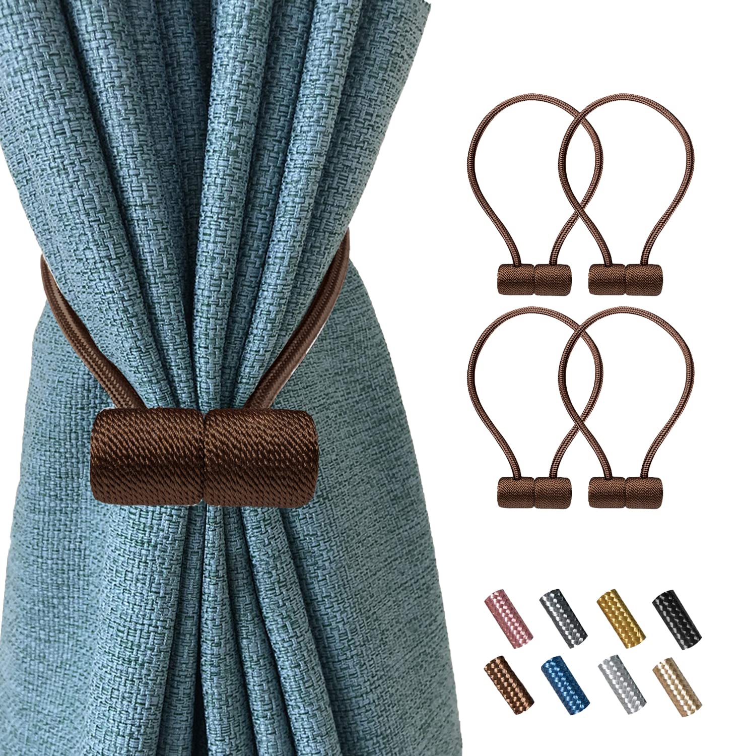 ElctmanMagnetic Curtain Tiebacks Clips - Window Curtain Holdbacks for Home Office Decorative Rope Tie Backs, Curtain Tiebacks for Drapes, No Tools Required - 2 Pair-2brown