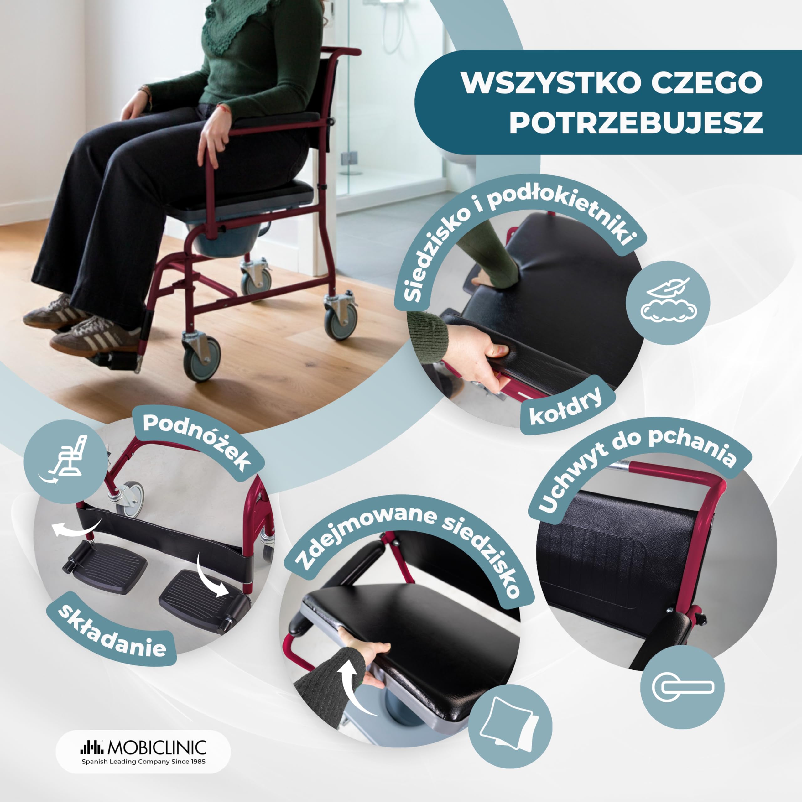 Mobiclinic, Wc krzesł na kółkach, Ancla, Toaleta dla osób niepełnosprawnych, Starszych, Składany podłokietnik i podnóżek ergonomiczny siedzenia, Bordeaux