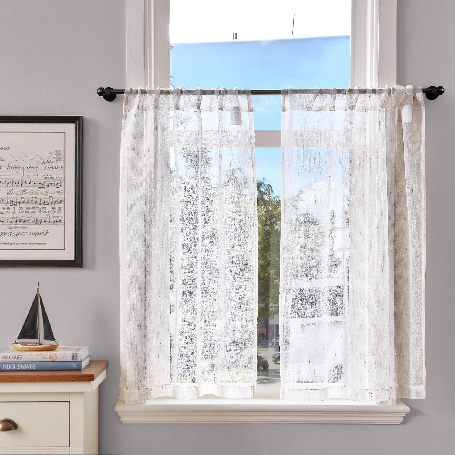 TOPICK Voile Net Kitchen Curtains Flax Texture 36 Inch Drop Sheer Light Filtering Cafe Curtains Short Curtain Tiers for Bathroom Living Room Small Windows Cupboard Rod Pocket 2 Panels Crude