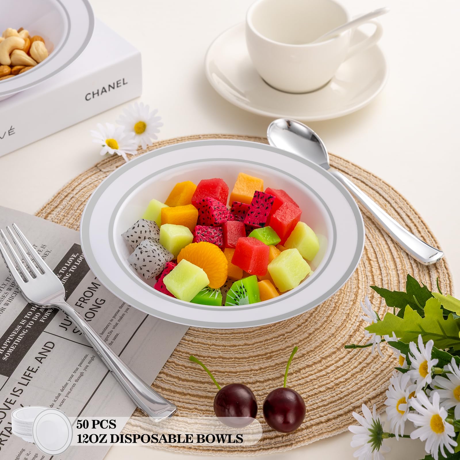 Disposable Soup Bowls with Silver Rim - 50 Pack -2 Disposable Soup Bowls with Silver Rim - 50 Pack -2