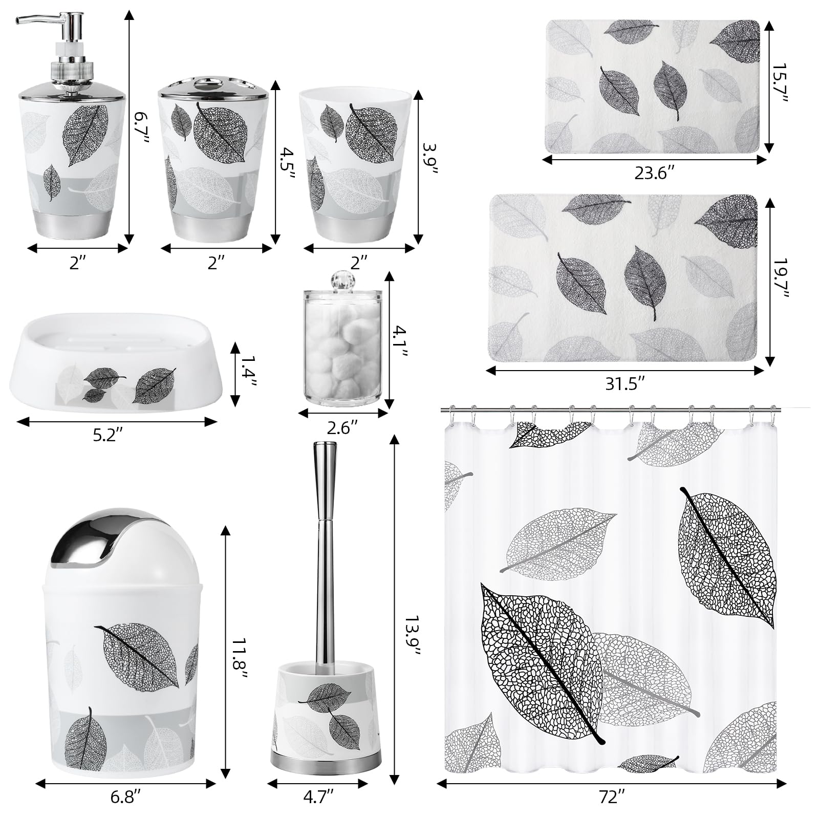 Juego de accesorios de baño grises con cortina de ducha de hojas grises, 12 juegos de baño con papelera, soporte para cepillo de dientes, vaso, dispensador de loción, bandeja, jabonera, cepillo de